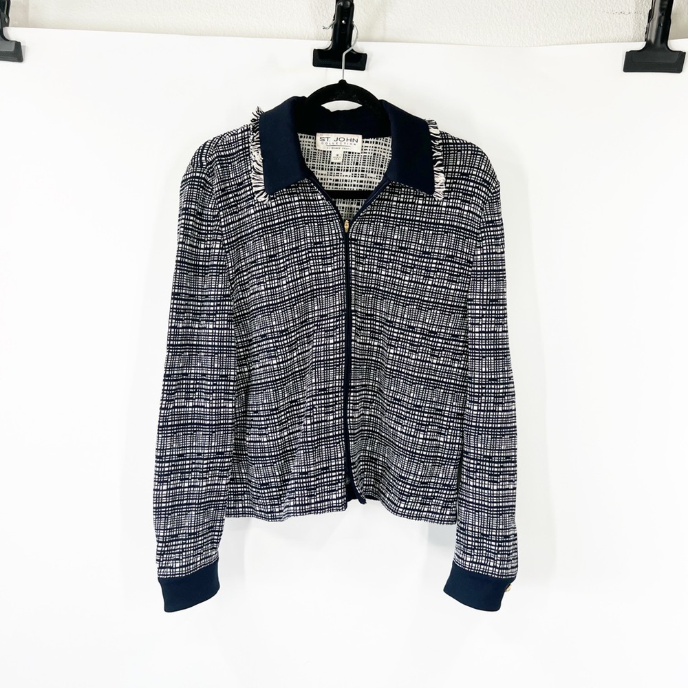 St. John Collection Navy Blue Cream Knit Zip Front Jacket Fringes Trim